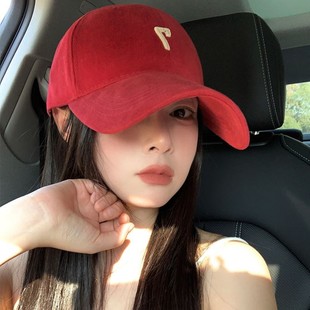 字母红色显白棒球帽女韩版大头围硬顶磨毛鸭舌帽显脸小弯檐帽子