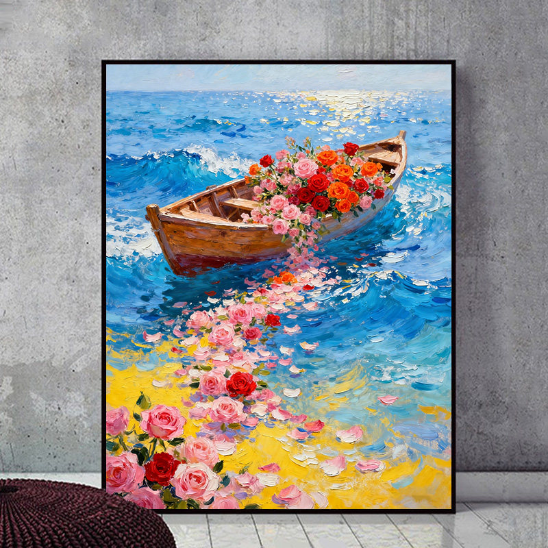 玫瑰鲜花小船 蓝色海浪diy数字油画手工填色油彩画风景花卉装饰画