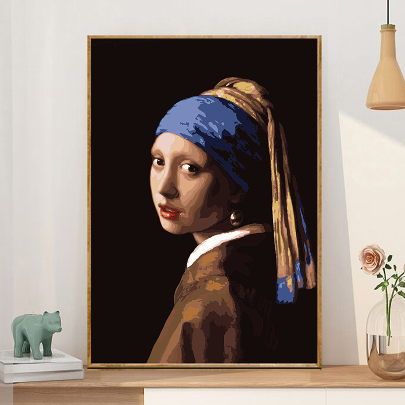 戴珍珠耳环的少女diy数字油画 手绘填色减压油彩画名画装饰画