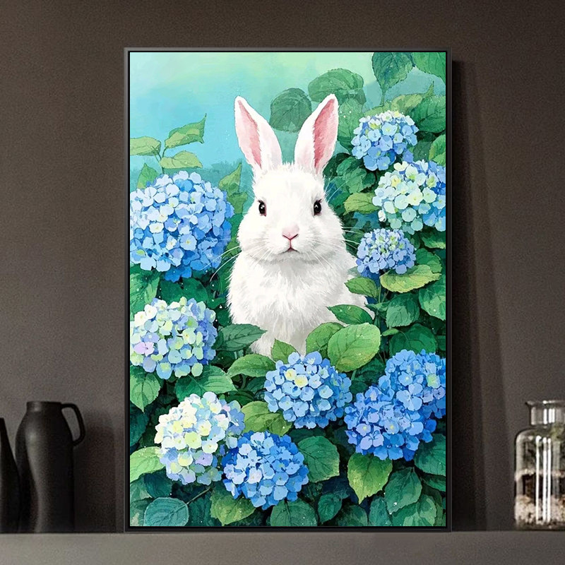 绣球花丛小白兔子DIY数字油彩画手工填色油画 儿童卧室家居装饰画