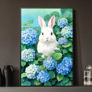 绣球花丛小白兔子DIY数字油彩画手工填色油画 儿童卧室家居装饰画