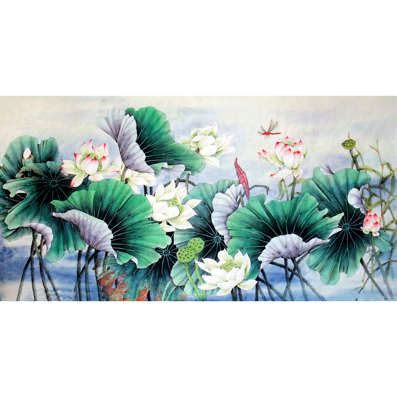 DIY横版客厅餐厅莲花油画