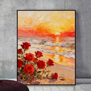浪漫日落海滩 红色玫瑰花簇diy数字油画手绘填色油彩画 手工礼品