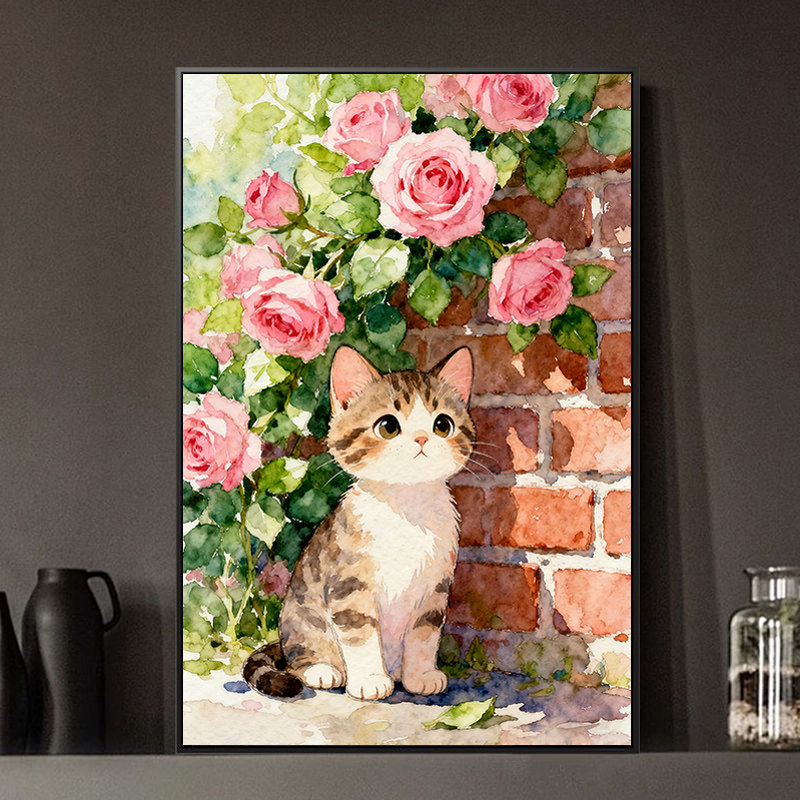 可爱花丛猫咪 宠物diy数字油画手工填色油彩画 动物家居装饰画