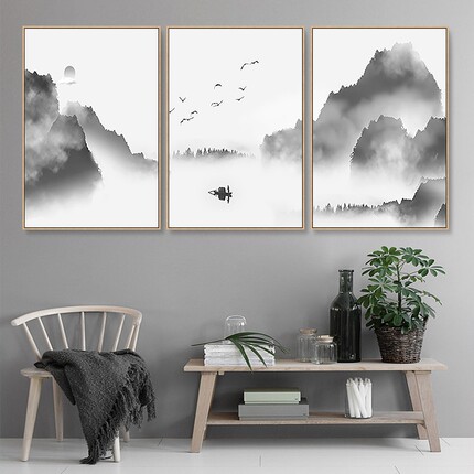 水墨江南山水风景diy数字油画 三联家居装饰画手绘填色丙烯油彩画