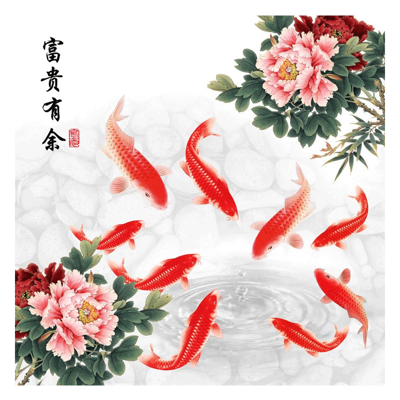 牡丹九鱼图富贵有余diy数字油画 手绘填充涂色丙烯油彩画装饰画