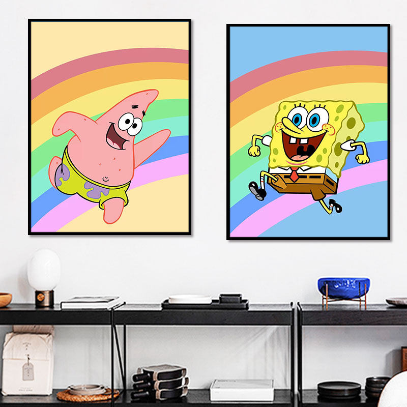 海绵宝宝派大星七色彩虹图 diy数字油画 手绘填色减压丙烯油彩画