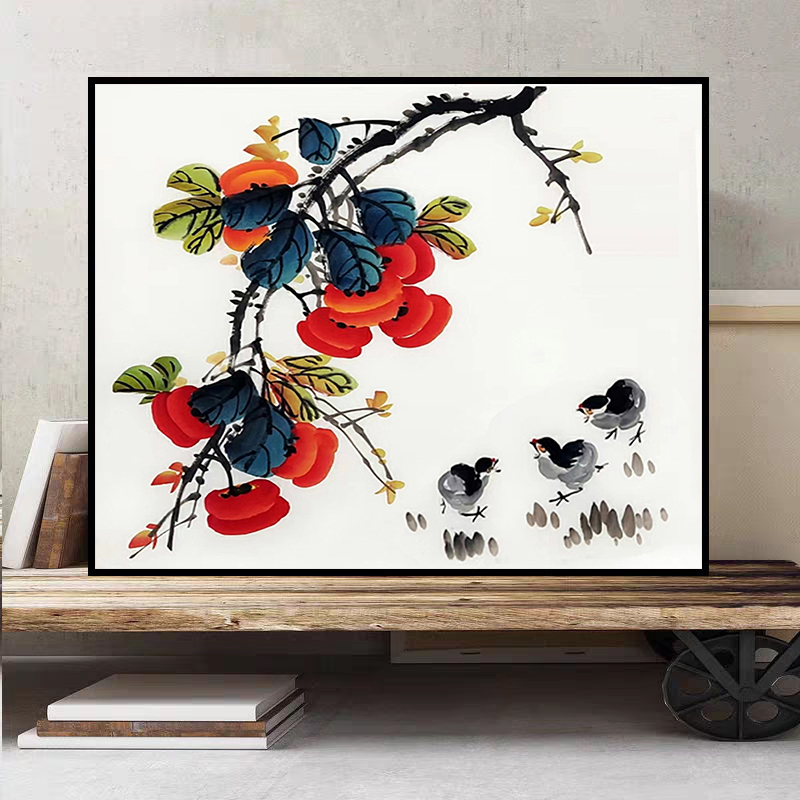 齐白石 柿子树小的小鸡diy数字油画手工填色油彩画 名画装饰画图片