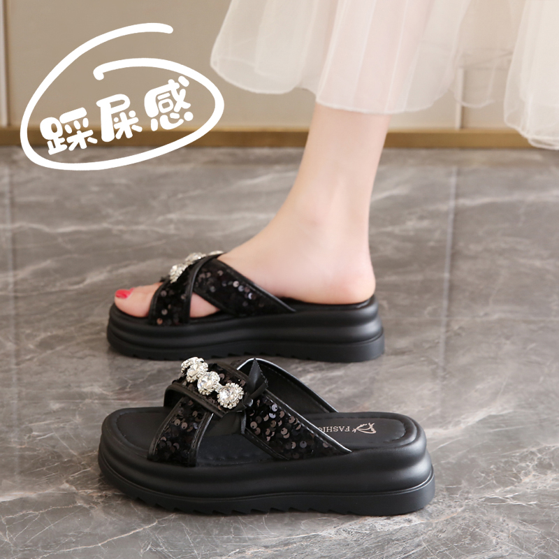 厚底黑色凉拖女2025新款夏季外穿孕妇一字拖仙女风配裙子34码凉鞋