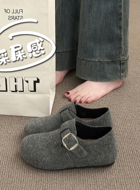 内增高灰色毛呢全包勃肯鞋女2026新款春季爆款一脚蹬博肯豆豆单鞋