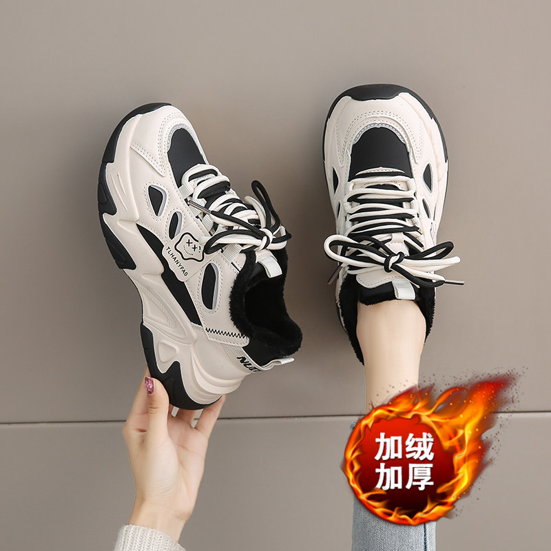 踩屎感真皮厚底加绒老爹鞋女