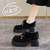 女春季 黑色绒面系带粗跟增高百搭小皮鞋 34码 英伦风厚底乐福鞋 单鞋