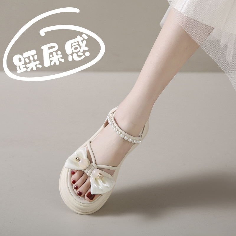 夏季厚底松糕凉鞋女蝴蝶结仙女风孕妇凉拖鞋孕期脚宽胖外穿凉鞋子