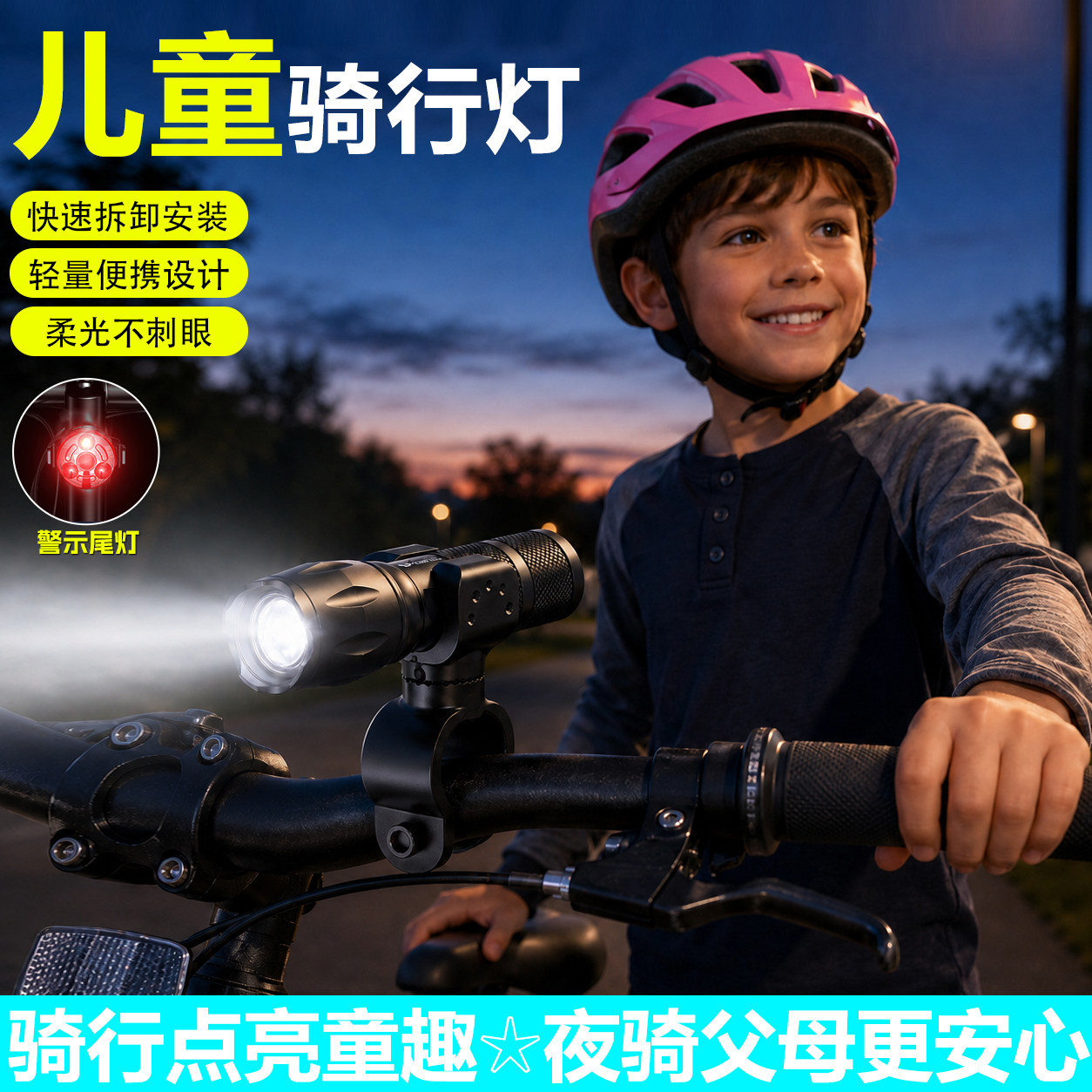 儿童自行车夜骑灯长续航公路车单车前灯尾灯变焦远射骑行灯可充电