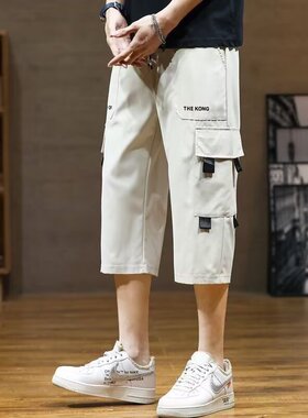 男士潮牌工装七分短裤高腰百搭军绿色青少年休闲运动跑步七分裤子