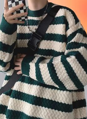 条纹春秋毛衣男软糯慵懒日系宽松外套复古潮牌圆领加厚长袖针织衫