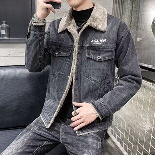 冬装牛仔夹克男韩版潮流修身羊羔绒毛领外套帅气青年加厚保暖棉服