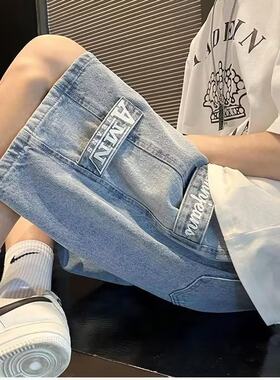 串标牛仔工装短裤男士夏季薄款美式高街潮牌中裤大码宽松五分裤子