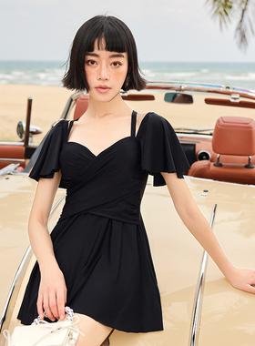泡温泉泳衣女款连体裙式微胖大码胖mm带钢托休闲黑色遮肚显瘦纯色