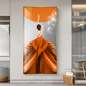 入户玄关橙色走廊尽头美女装饰画