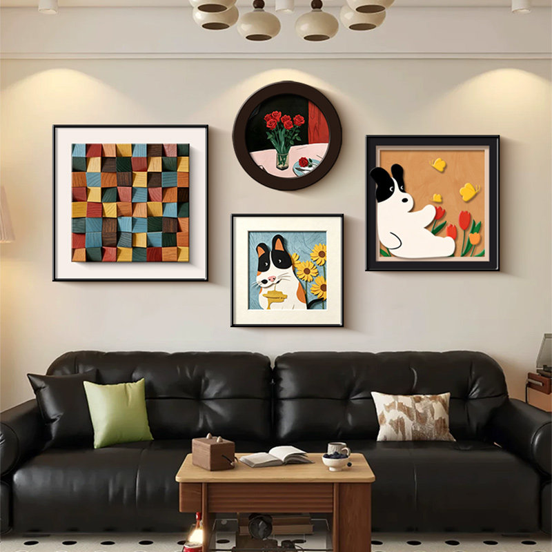 多巴胺复古客厅挂画高级感中古风沙发背景墙挂画卡通小狗卧室壁画