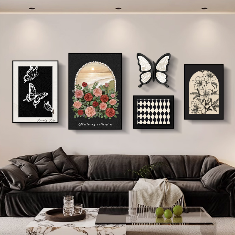 法式复古玫瑰客厅装饰画奶油风沙