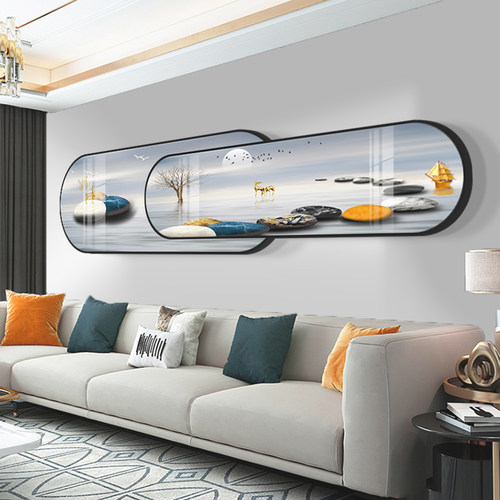 石来运转客厅装饰画横版轻奢大气