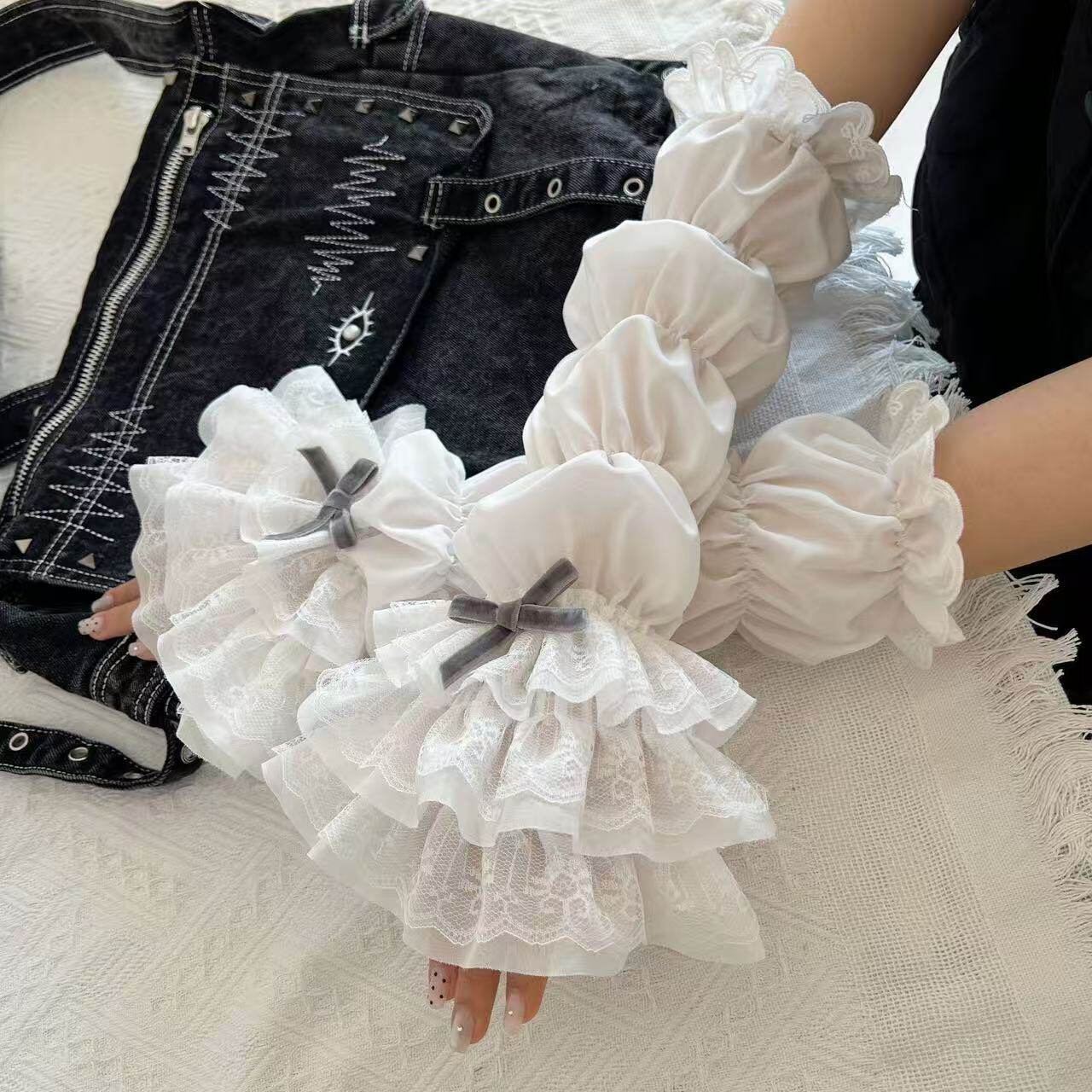 洛丽塔甜美蕾丝花边袖套女夏季分层褶皱蝴蝶结白色防晒袖套