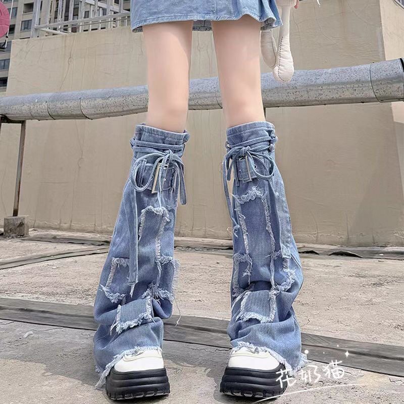 复古辣妹风蓝色破洞绑带牛仔腿套女y2k堆堆袜套图片