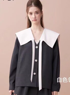 学院风海军领外套女秋冬撞色娃娃领百搭减龄装饰上衣