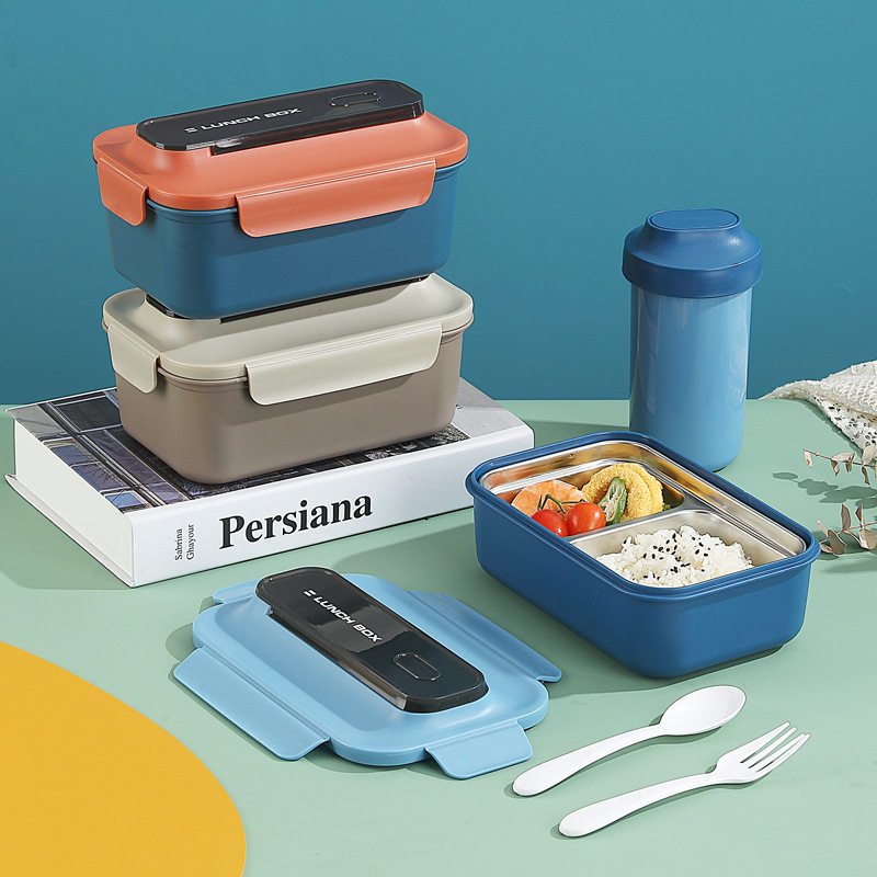 304不锈钢双层饭盒家用PP分格轻食便当盒上班族学生餐盒带叉勺