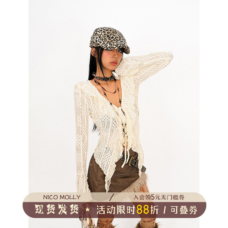 美式辣妹小众设计感抽绳绑带衬衫图片