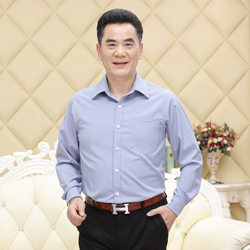 春季男士中老年长袖衬衫爸爸装免烫冰丝柔软夏季白寸衣商务薄款