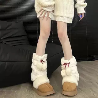 日系可爱毛球袜套秋冬y2k毛绒绒加厚腿套ins保暖显瘦中筒袜