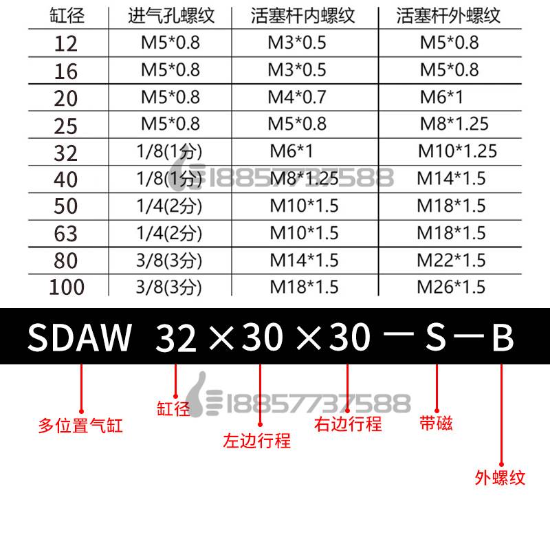 代替 SDAW16*20X25X32X40X50X63X80X100X30-S-B多位置气缸