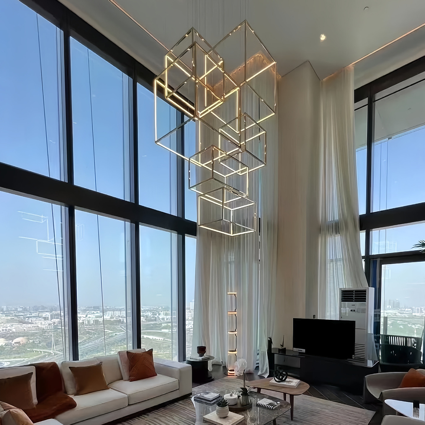 几何吊灯酒店售楼部餐厅吧台不锈钢正方体别墅loft挑高楼梯吊灯