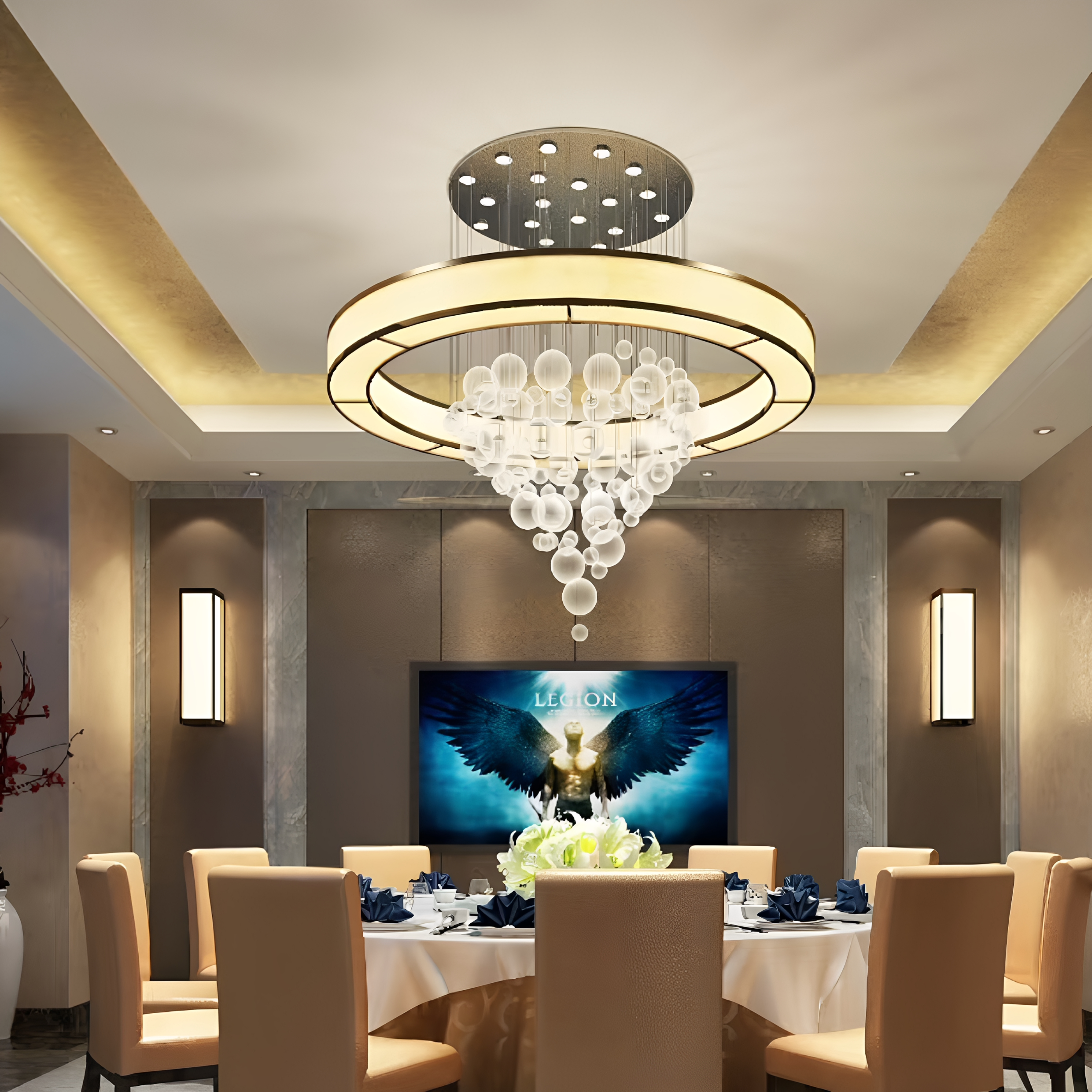 新中式饭店包厢吊灯餐饮宴会厅酒店公区大堂包间布艺玻璃灯具定制