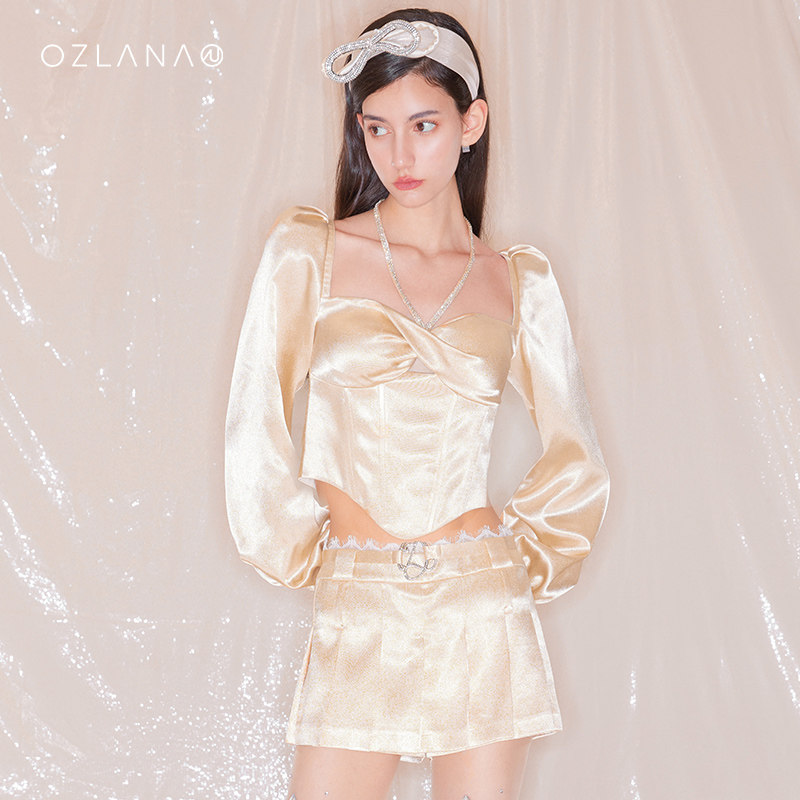 ozlana套装裙女可拆卸蝴蝶结挂脖长袖缎面上衣百褶缎面显瘦迷你裙