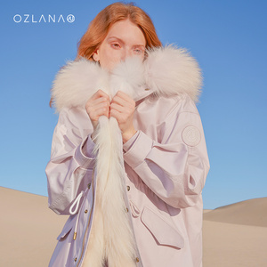 OZLANA2023新款冬季派克服外套女大毛领皮毛一体兔毛皮草大衣女款