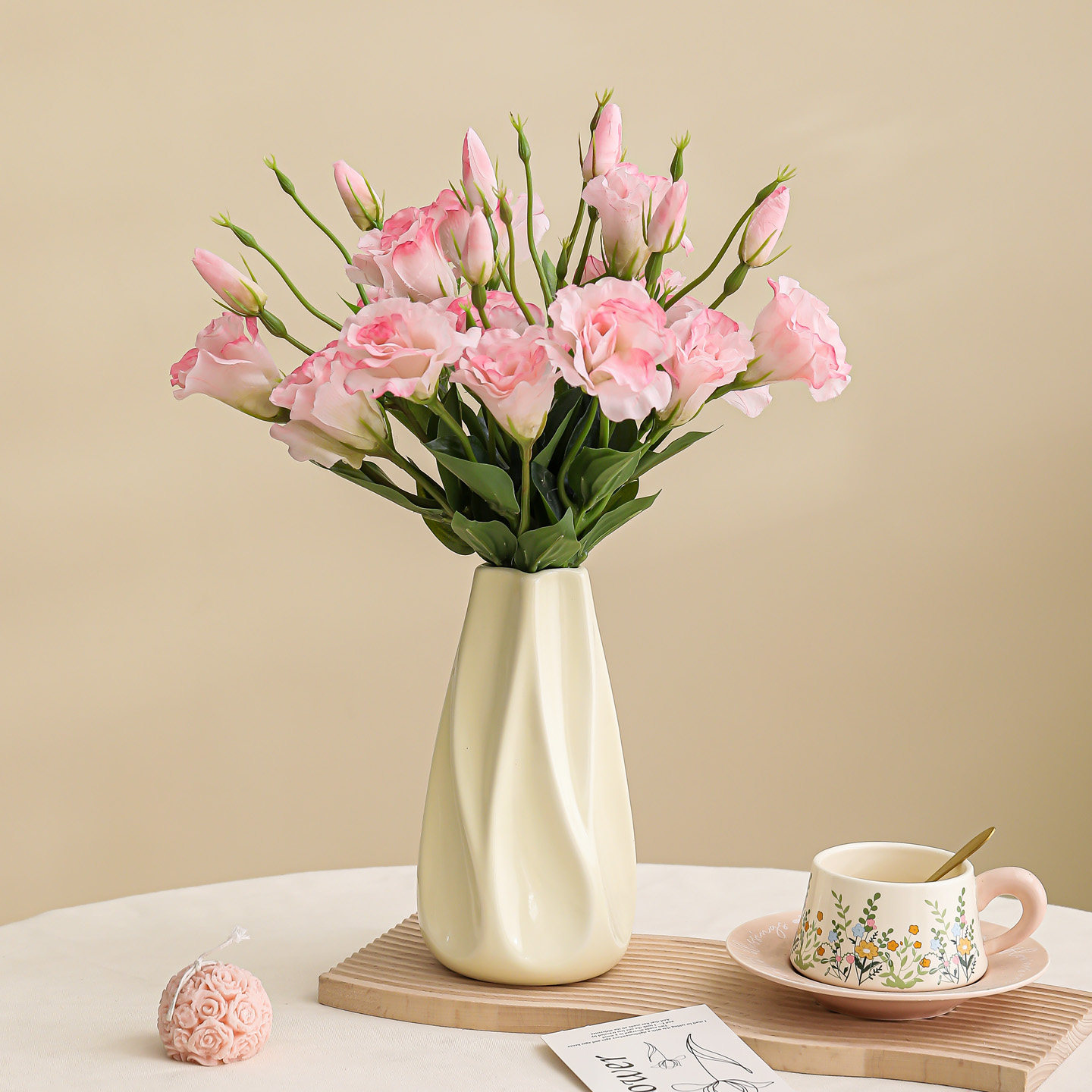 奶油色水养陶瓷花瓶仿真花摆设客厅花艺摆件插花花束餐桌高级感,家居饰品,花瓶,淘宝优惠券,粉丝福利购,淘宝优惠卷