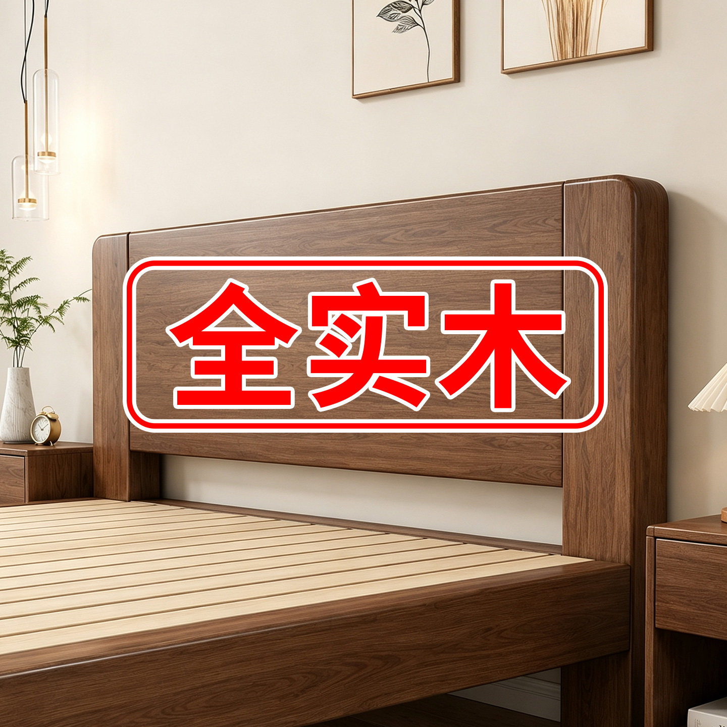 胡桃色实木床1.8米家用主卧简实木床