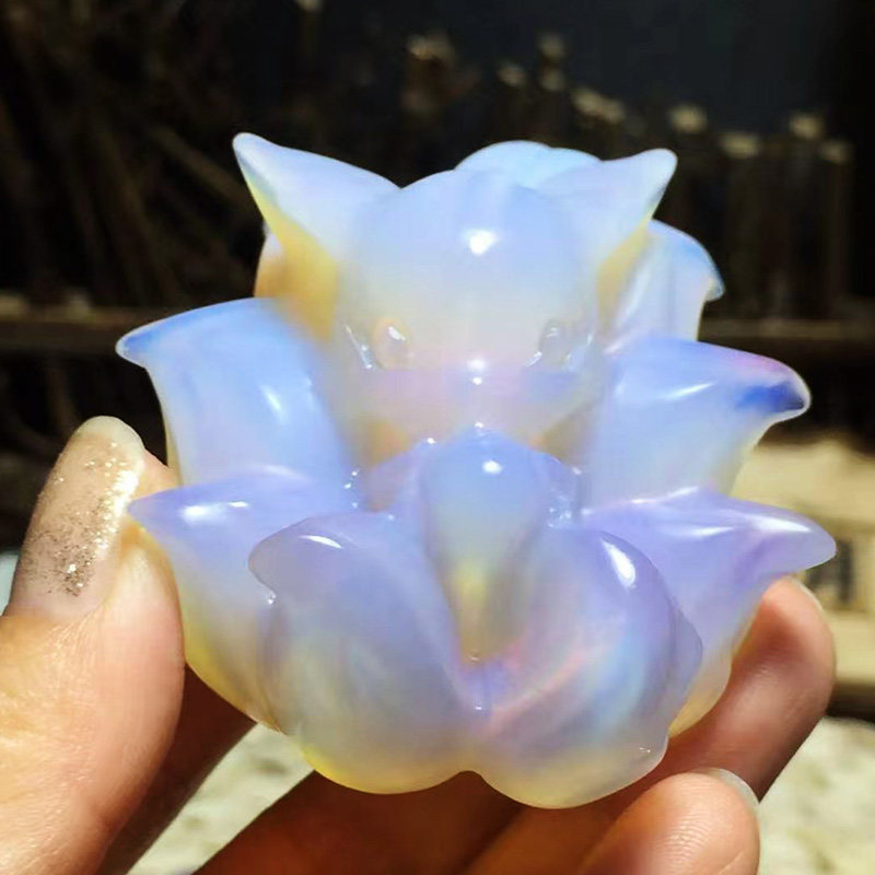 蛋白石雕刻件手把件摆件精灵九尾狐公仔少女心招财旺桃花