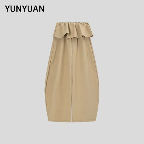 韩系荷叶边阔腿弯刀裤女显瘦