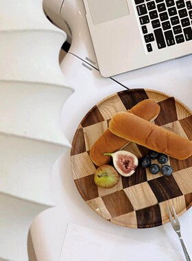 集饰棋盘格实木盘ins胡桃