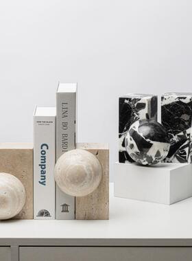 创意大理石几何不规则圆球书档摆件书房书架黄洞石书夹书立装饰品