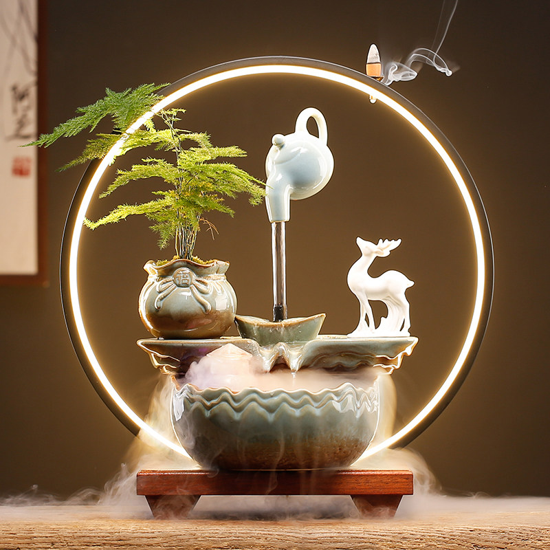 创意流水生财陶瓷悬壶摆件循环水喷泉造景客厅办公室桌面招财礼品