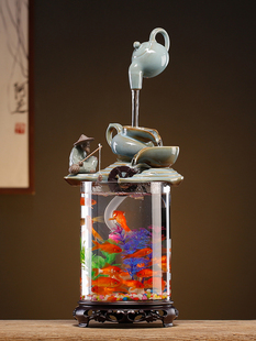 创意悬壶流水生财摆件生态鱼缸玻璃水族箱客厅办公室桌面招财装饰