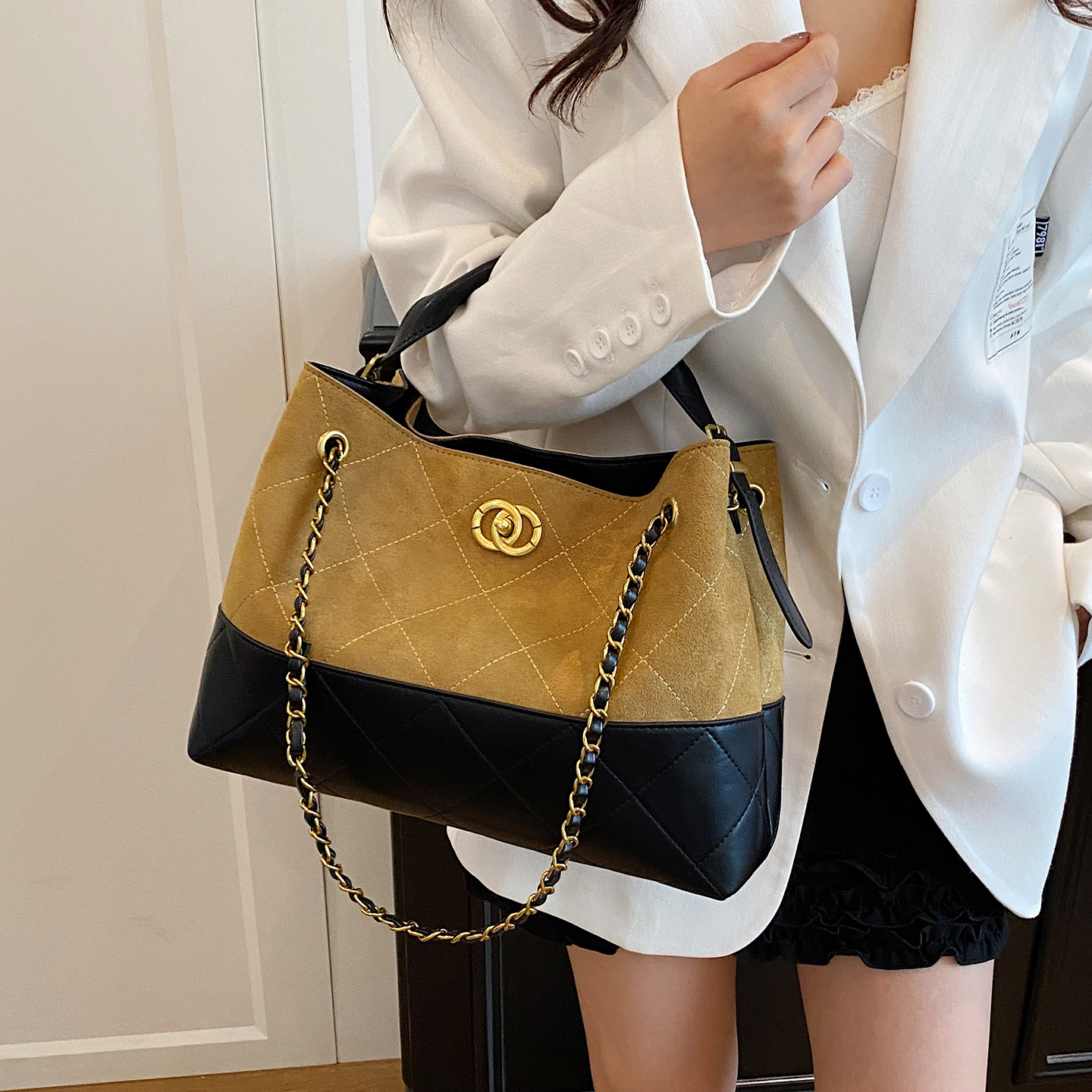 高级感小香风2025新款拼色菱格链条单肩包复古百搭斜挎手提包包女