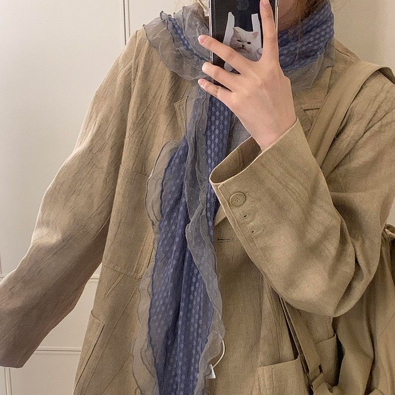 藤井树同款灰蓝色波点蕾丝边丝巾女木耳边长款围巾川西穿搭披肩