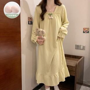 公主风睡裙女款春秋季棉长袖带胸垫胖mm宽松大码孕妇家居服睡衣